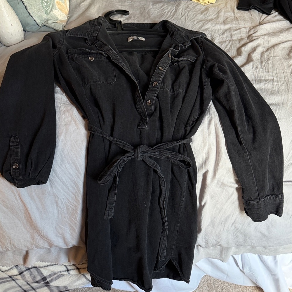 Black Belted Button-Front Women's Jean Dress
